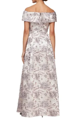 Long Printed Off-The-Shoulder Metallic Brocade Ballgown With Pockets