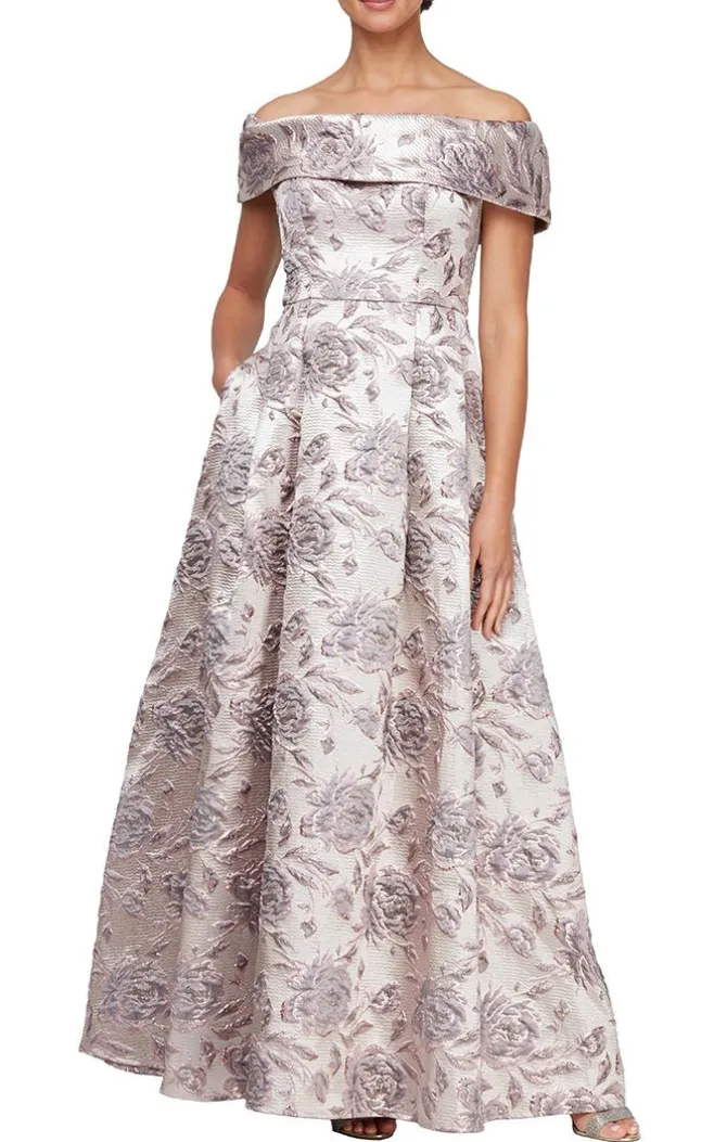 Long Printed Off-The-Shoulder Metallic Brocade Ballgown With Pockets