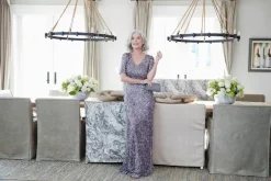 Long Sequin V-Neck Dress With Short Sleeves