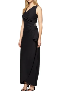 Long Sleeveless Compression Sheath Gown With Surplice Neckline, Cascade Detail Skirt And Beaded Detail At Hip