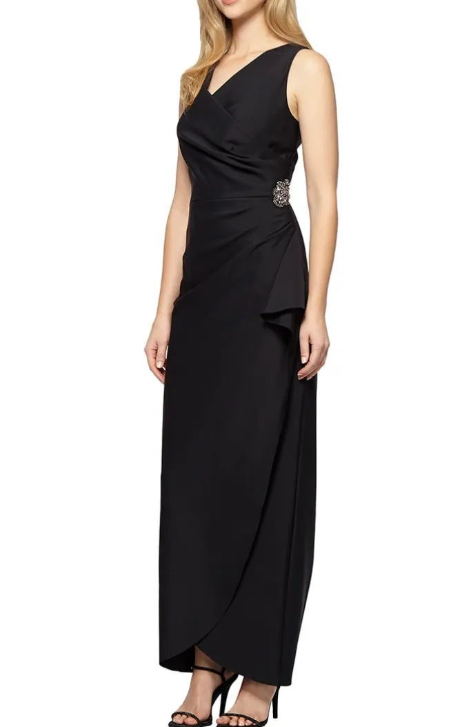 Long Sleeveless Compression Sheath Gown With Surplice Neckline, Cascade Detail Skirt And Beaded Detail At Hip