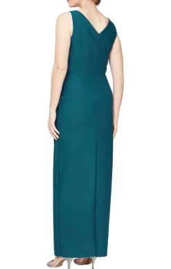 Long Sleeveless Compression Sheath Gown With Surplice Neckline, Cascade Detail Skirt And Beaded Detail At Hip
