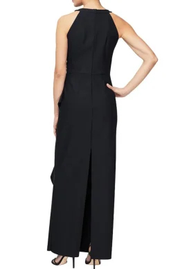 Long Sleeveless Compression Halter Style Dress With Cascade Ruffle Detail