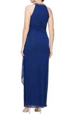 Long Sleeveless Dress With Beaded Halter Style Neckline &Cascade Ruffle Detail Skirt