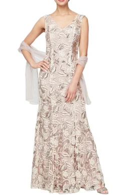 Long Sleeveless Embroidered Dress With V-Neckline, Sequin Detail & Shawl
