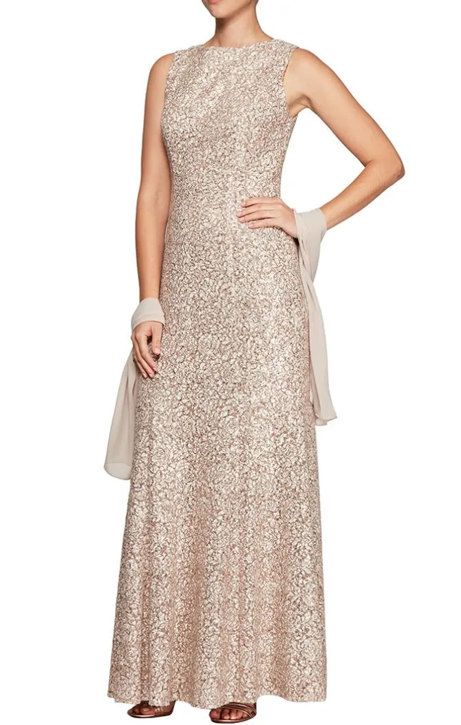 Long Sleeveless Fit & Flare Dress With Sequin Detail And Matching Shawl