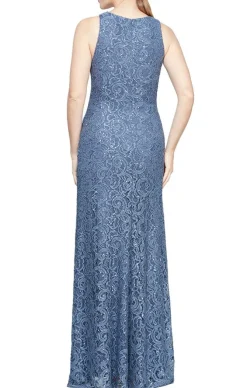 Long Sleeveless Lace Dress With Cascade Ruffle Front Slit Detail