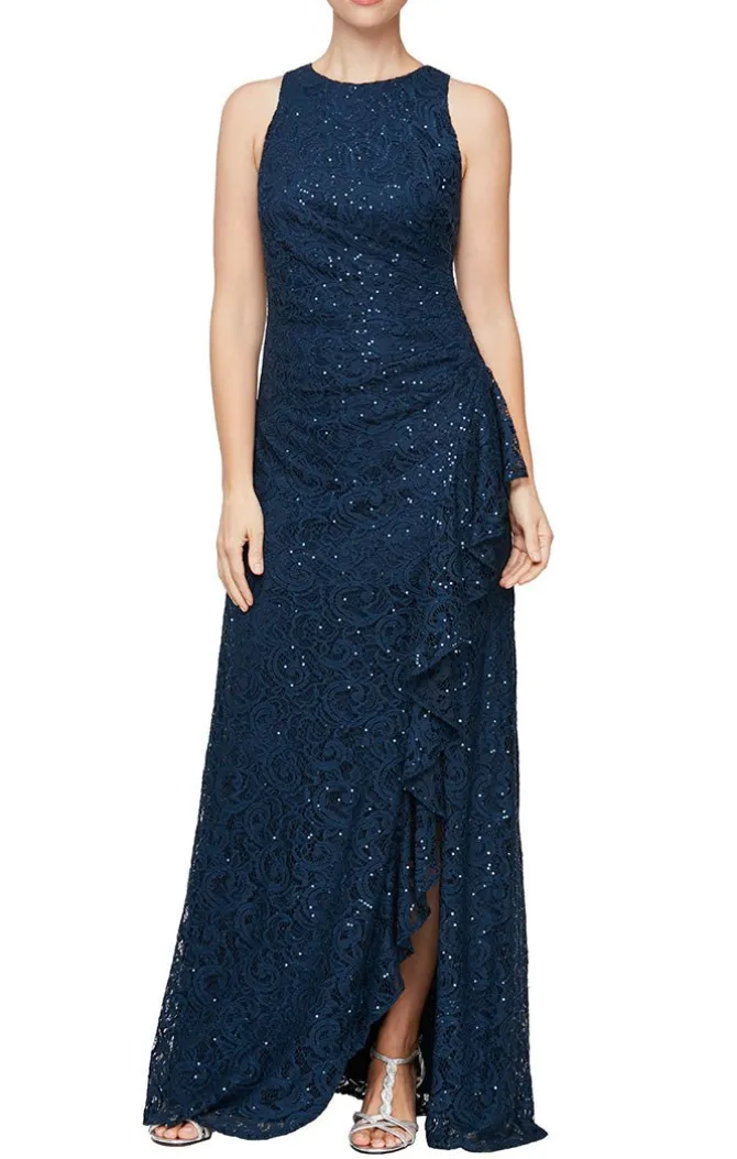 Long Sleeveless Lace Dress With Cascade Ruffle Front Slit Detail