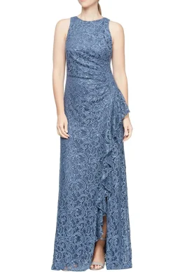 Long Sleeveless Lace Dress With Cascade Ruffle Front Slit Detail