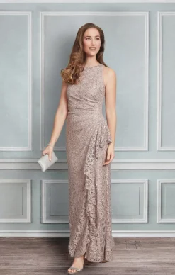 Long Sleeveless Lace Dress With Cascade Ruffle Front Slit Detail