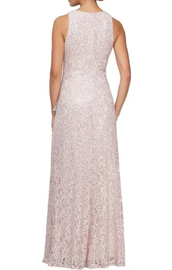 Long Sleeveless Lace Dress With Cascade Ruffle Front Slit Detail