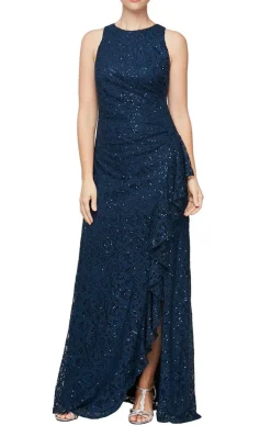 Long Sleeveless Lace Dress With Cascade Ruffle Front Slit Detail