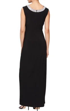 Long Sleeveless Matte Jersey Dress With Embellishment Detail At Neckline And Front Slit