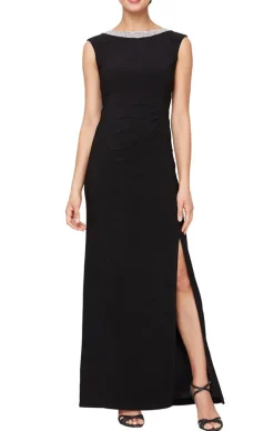Long Sleeveless Matte Jersey Dress With Embellishment Detail At Neckline And Front Slit