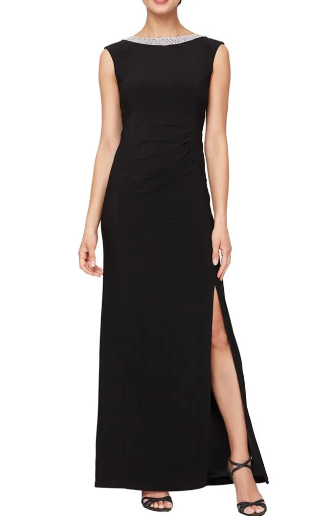 Long Sleeveless Matte Jersey Dress With Embellishment Detail At Neckline And Front Slit