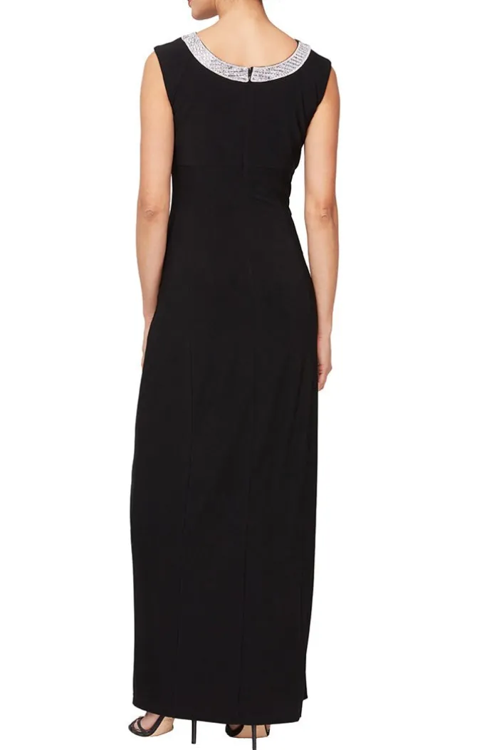 Long Sleeveless Matte Jersey Dress With Embellishment Detail At Neckline And Front Slit