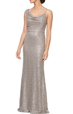 Long Sleeveless Sequin Gown With Cowl Neckline & Spaghetti Straps