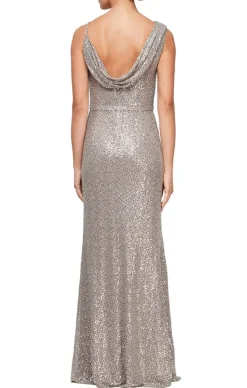 Long Sleeveless Sequin Gown With Cowl Neckline & Spaghetti Straps