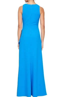 Long Sleeveless Stretch Crepe Dress With Cascade Ruffle Skirt Detail & Cutaway Neckline