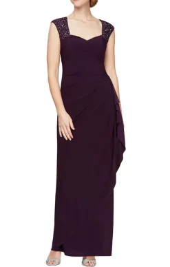 Long Sleeveless Sweetheart Neckline Dress With Embellished Strap Detail And Cascade Ruffle Skirt