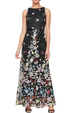 Long Sleeveless Tulle A-Line Dress With Embroidered Cascading Floral Detail