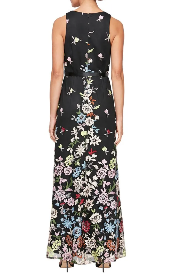 Long Sleeveless Tulle A-Line Dress With Embroidered Cascading Floral Detail