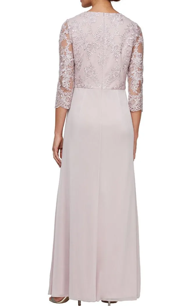 Long Surplice Neckline Dress With Scallop Detail, Illusion Sleeves & Ruched Skirt