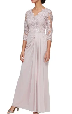 Long Surplice Neckline Dress With Scallop Detail, Illusion Sleeves & Ruched Skirt