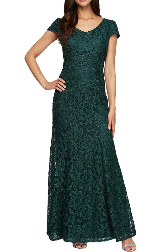 Long V-Neck Fit And Flare Dress With Cap Sleeves And Cording Detail