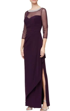 Matte Jersey Illusion 3/4 Sleeve Side Ruched Dress With Embellished Neckline