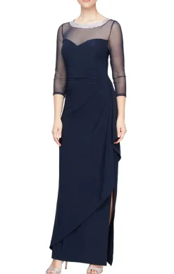 Matte Jersey Illusion 3/4 Sleeve Side Ruched Dress With Embellished Neckline