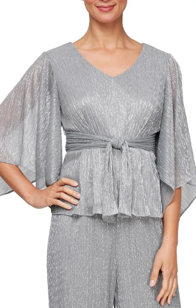 Metallic Knit Blouse With Tie Waist Detail