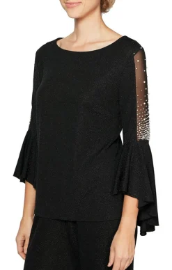 Metallic Knit Blouse With Beaded Illusion Detail And Cascade Bell Sleeves