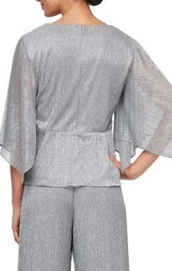 Metallic Knit Blouse With Tie Waist Detail
