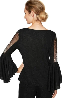 Metallic Knit Blouse With Beaded Illusion Detail And Cascade Bell Sleeves