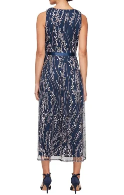 Midi Length Embroidered Sleeveless Dress With Tie Belt