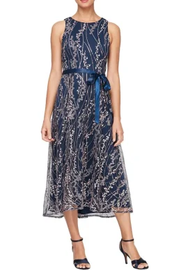 Midi Length Embroidered Sleeveless Dress With Tie Belt