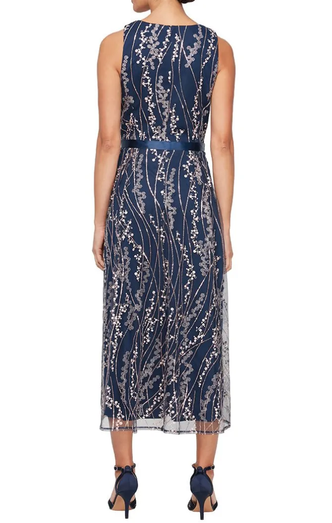 Midi Length Embroidered Sleeveless Dress With Tie Belt