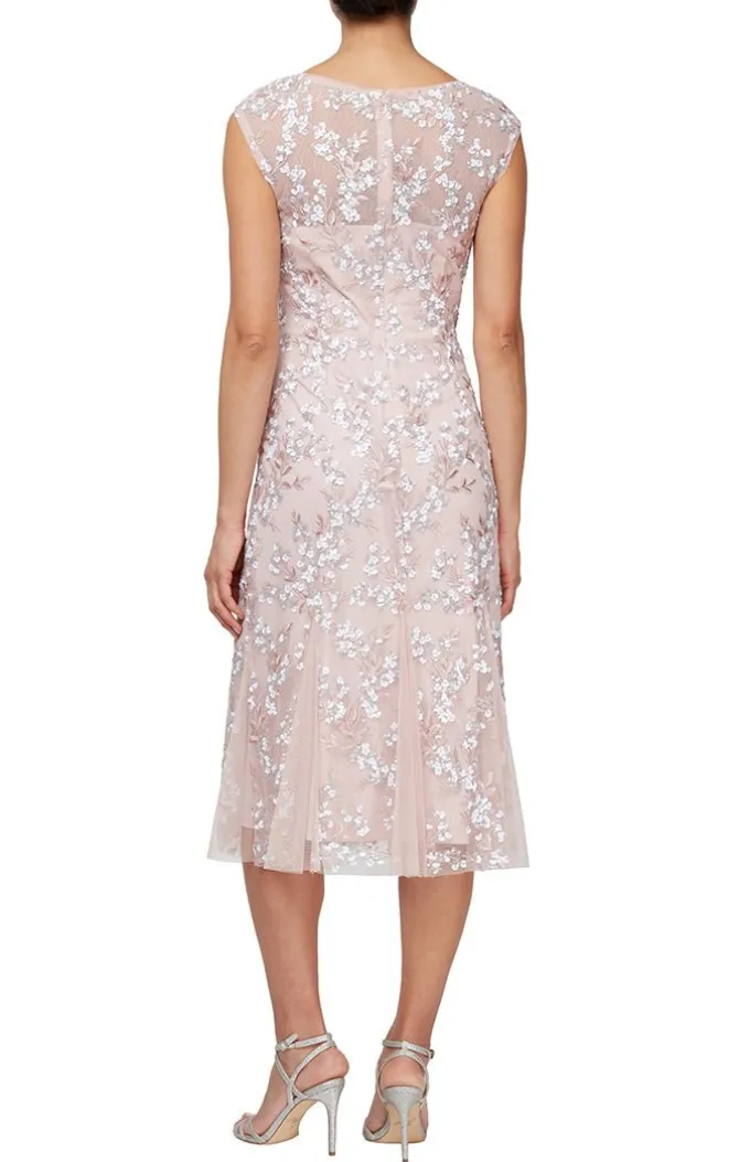 Midi V-Neck Embroidered Fit And Flare Dress With Godet Detail Hem