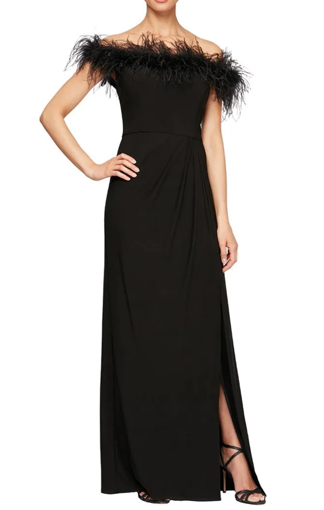 Off-The-Shoulder Matte Jersey Gown With Maribou Neckline