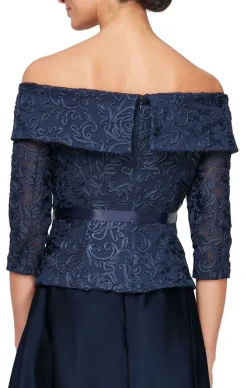 Off-The-Shoulder Soutache Blouse With Tie Belt And Illusion Sleeves