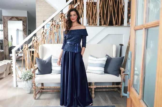 Off-The-Shoulder Soutache Blouse With Tie Belt And Illusion Sleeves