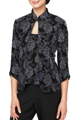 Petite 3/4 Sleeve Printed Glitter Mandarin Neck Twinset With Scoop Neck Tank