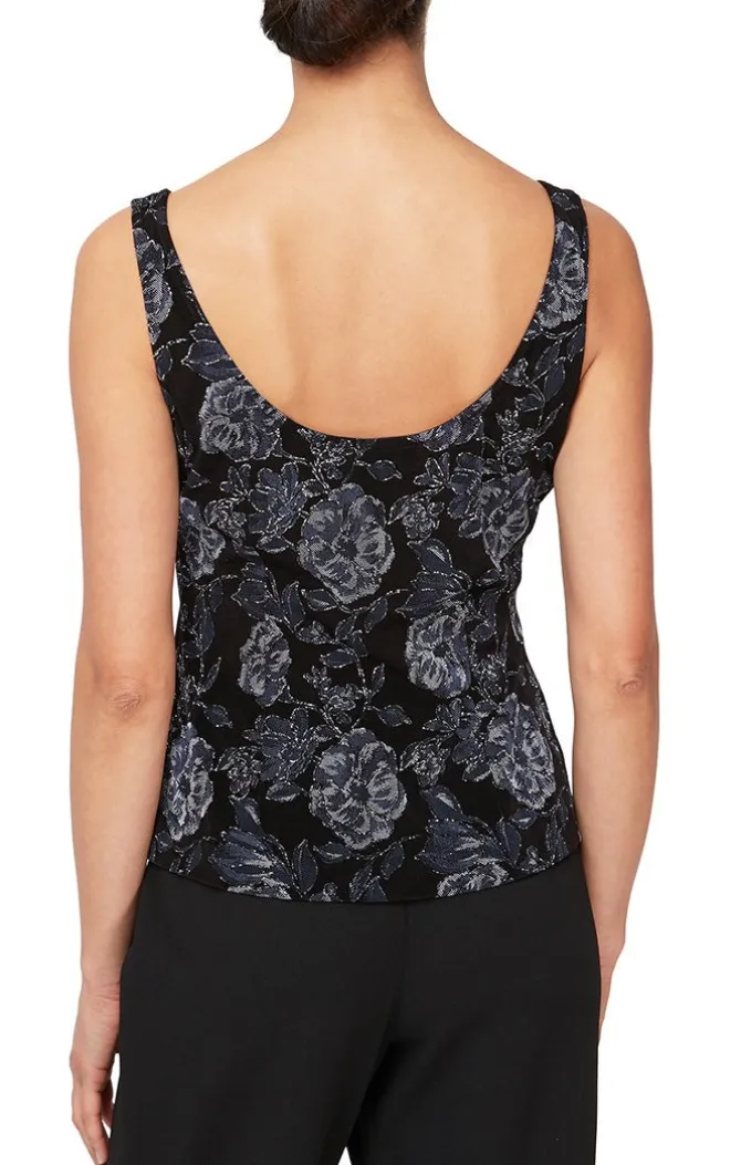 Petite 3/4 Sleeve Printed Glitter Mandarin Neck Twinset With Scoop Neck Tank