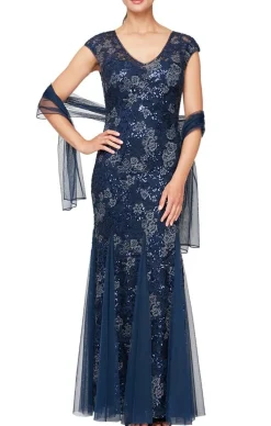 Petite Cap Sleeve Embroidered Fit And Flare Dress With Godet Detail Skirt & Shawl