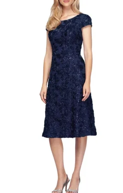 Petite Cocktail Dress In Rosette Lace With Cap Sleeves
