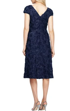 Petite Cocktail Dress In Rosette Lace With Cap Sleeves