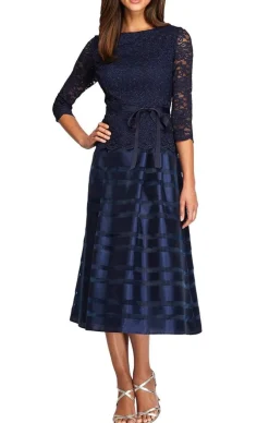 Petite Cocktail Dress With Lace Bodice, Illusion 3/4 Sleeves & Striped Organza Skirt