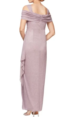 Petite Cold Shoulder Glitter Mesh Dress With Draped Skirt & Cowl Neckline