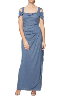 Petite Cold Shoulder Glitter Mesh Dress With Draped Skirt & Cowl Neckline